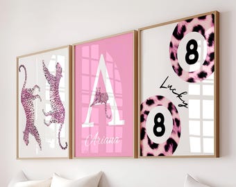 Trendy Preppy Pink Leopard 8 Ball Girls Wall Art Decor: Custom Initial Name Print