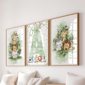 Set of 3 Safari Animal Nursery Decor Wall Art Print| Personalized name| Jungle Animal ,Lion, Elephant, Giraffe, Zebra| Child Kids| Custom