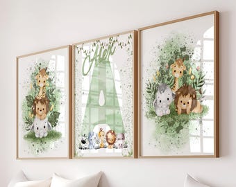 Set de láminas de decoración de guardería de animales de safari: Animales de la jungla personalizados (descarga digital)