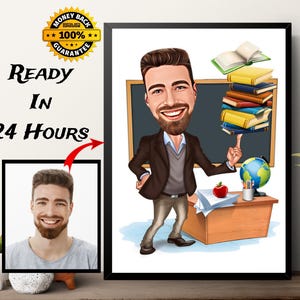 Männliches Lehrergeschenk, personalisierte Lehrerkarikaturzeichnung vom Foto, digitale Karikatur Ar Me, personalisiertes lustiges Cartoon