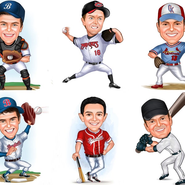 Cadeau de joueur de baseball, dessin de caricature de joueur de baseball à partir de la photo, portrait de caricature numérique personnalisé, cadeau pour joueur de baseball et canapé