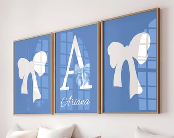 Custom Trendy Blue Bow Wall Art Print Set, Coquette Girly Dorm Room Nursery Decor