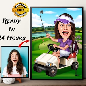 Weibliche Golfer-Karikatur, personalisiertes Paar lustige Cartoon-Karikatur-Zeichnung vom Foto, individuelles Portrait, Golf