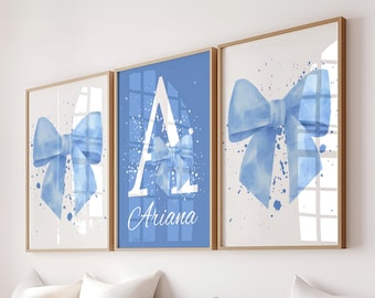 Trendy Custom Blue Bow Art Print Set of 3, Bows Wall Art, Bows Nursery Decor, Blue Nursery Decor, Blue Coquette Print, Girl Room Decor Gift
