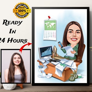 Vrouwelijke baas cadeau, vrouwelijke karikatuur tekening van foto, grappige cartoon aangepaste karikatuur portret, gepersonaliseerde digital