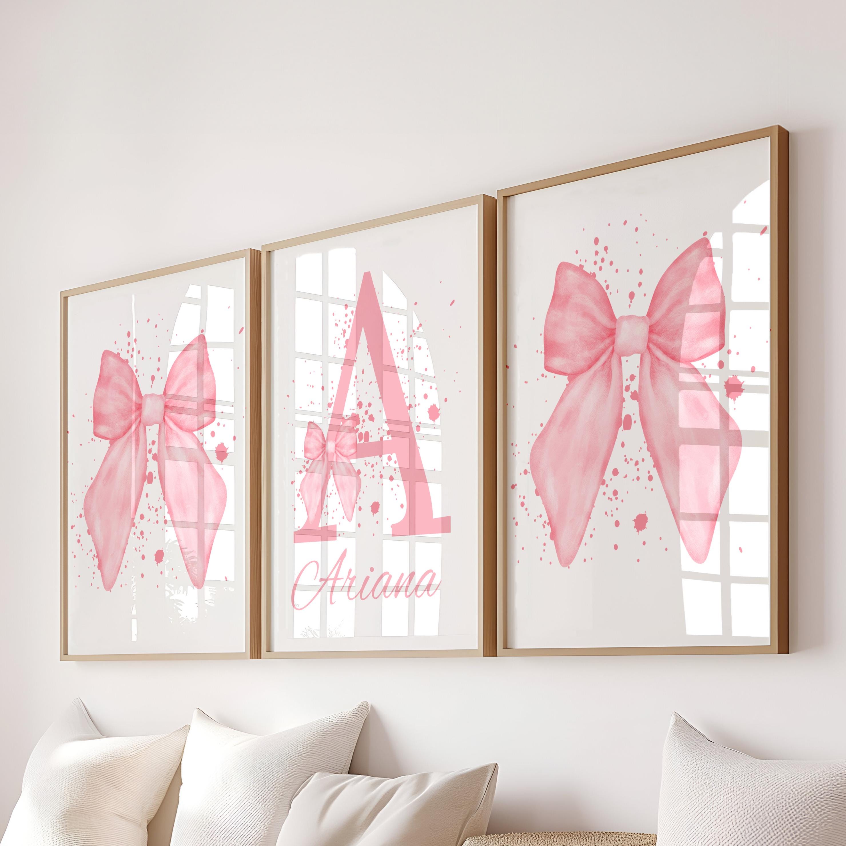 Custom Pink Bow Wall Art Set of 3 Prints Personalized Name Sign Girl ...
