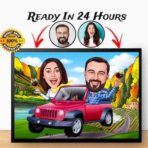 Personalisiertes Reisepaar Cartoon Portrait vom Foto, Urlaubspaar Karikatur Zeichnung, Geburtstagsgeschenk