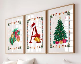 Trendy Christmas Wall Art Set Of 3: Custom Initial Coquette Holiday Xmas Printable Decor