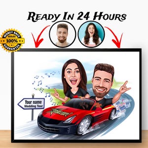 Paar Hochzeitstour Cartoon Portrait, Paar Portrait, Geschenk für reisendes Paar, Karikaturzeichnung, Familienportrait