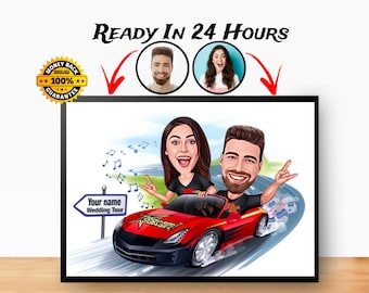 Paar Hochzeitstour Cartoon Portrait, Paar Portrait, Geschenk für reisendes Paar, Karikaturzeichnung, Familienportrait