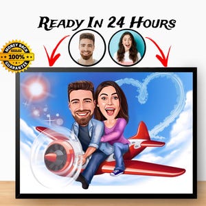 Custom Traveling Couple Cartoon Portrait from Photo, Custom Pilot Caricature Portrait Drawing,  Pilot Couple Gift Ideas, Couple Caricature
