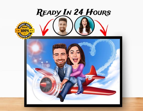 Custom Pilot Couple Caricature Portrait: Personalized Cartoon Drawing (Digital File)