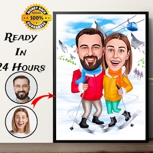 Skipaar Cartoon Portrait, Skifahrerpaar Karikatur, Familienportrait, individuelle Karikaturzeichnung, Skifahrer Geschenk