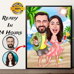 Paar Strand Thema Cartoon Portrait, Urlaubsportrait, Paar Geschenk, Urlaubskarikatur, Familienportrait, Reisecartoon