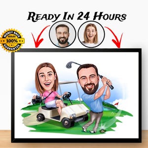 Golferpaar Cartoon Portrait, Personalisierte Golferpaar Karikatur, Geschenk für Golferpaar, Lustige Golferpaar Karikatur