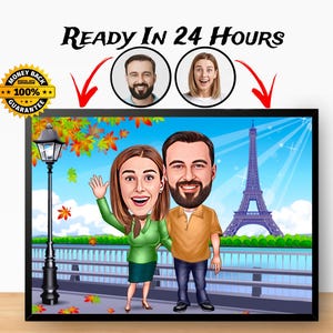Personalisiertes Reisepaar Cartoon Portrait vom Foto, Urlaubspaar Karikatur Zeichnung, Geburtstagsgeschenk