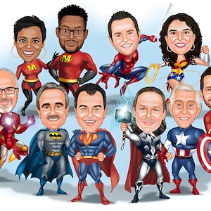 Superheldenfamilie 2,3,4,5 Zeichen Superhelden-Karikaturzeichnung, Geschenk für ihn, ihren Familienfreund, Geburtstagskind, Kind