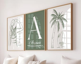 Conjunto de impresiones iniciales costeras en verde salvia: decoración playera de moda para dormitorio de verano (descarga digital)