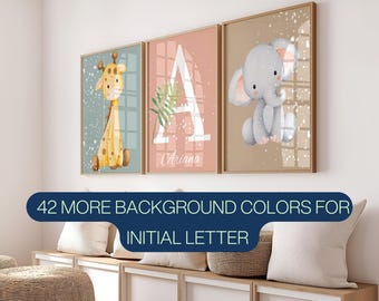 Juego de 3 impresiones artísticas de pared para decoración de guardería de animales de la selva, nombre personalizado, decoración de guardería de safari, león, elefante, jirafa, imprimible para niños.