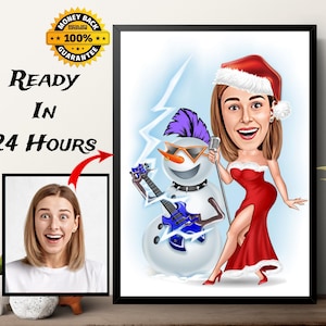 Regalo di Natale per donna, disegno di caricatura di Natale da foto, ritratto di cartone animato di Natale, regalo di festa