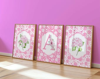 Kundenspezifische trendige rosa Hortensie druckt Set, Vintage Grandmillennial botanische Chinoiserie-Wand-Kunst, Küstenenkelin