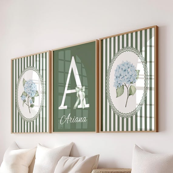 Custom Blue Green Striped Hydrangea Wall Art Set of 3 Printable Flower Botanical Prints Pastel Nursery Decor Cottagecore Poster
