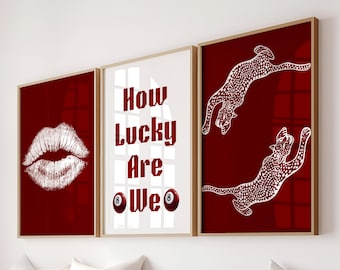 Trendy Custom Red Teen Dorm Room Decor Leopard Kiss Wall Artful Set Of 3 Retro 8 Ball Cheetah Poster Preppy Aesthetic How Lucky Are We Print