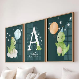 Dinosaur Nursery Art Set: Personalized Initial, Neutral Dino Prints (Digital Download