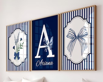 Custom Navy Wildflower Bow Wall Art: Tween Teen Girl Nursery Floral Boho Initial Name
