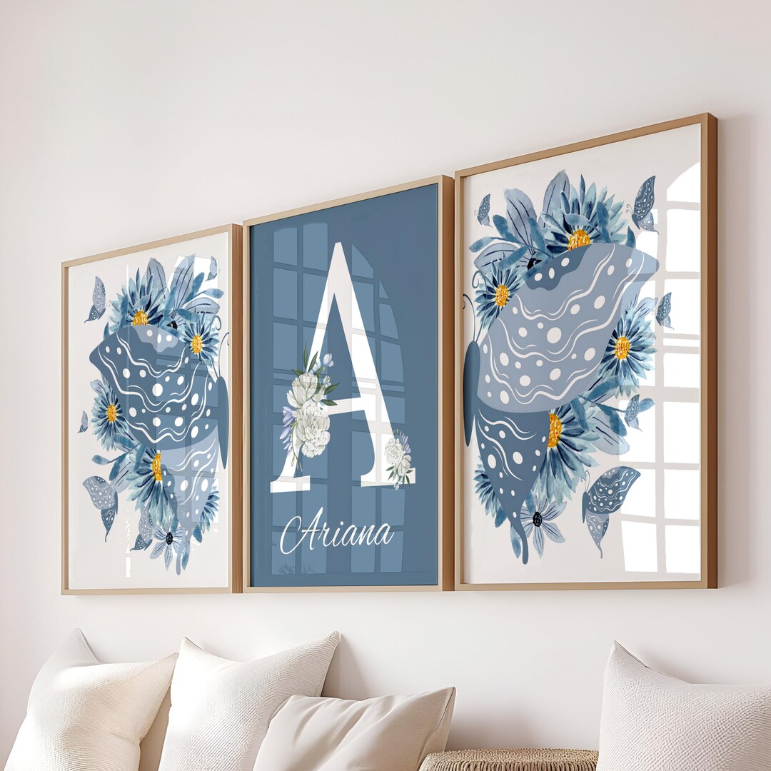 Blue Butterfly Nursery Watercolor Wall Art Decor – Custom Initial Name ...