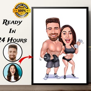 Personalisiertes FitnessPaar Cartoon Portrait, PaarPortrait, Gym Paar Geschenk, Familienportrait, Paar Karikatur Zeichnung