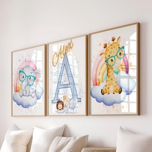 Set of 3 Jungle Animal Nursery Decor Wall Art Print| Personalized name| Safari Nursery Decor| Lion, Elephant, Giraffe| Child Kids Printable
