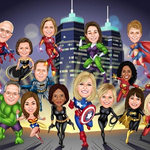 Superheldenfamilie 2,3,4,5 Zeichen Superhelden-Karikaturzeichnung, Geschenk für ihn, ihren Familienfreund, Geburtstagskind, Kind