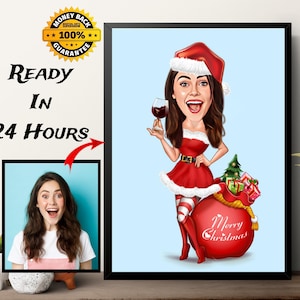 Regalo di Natale per donna, disegno di caricatura di Natale da foto, ritratto di cartone animato di Natale, regalo di festa