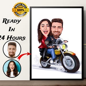 カスタムバイクカップルの漫画風ポートレート、バイカーカップルの似顔絵、バイクカップルのポートレート、面白いバイクカップルのギフト