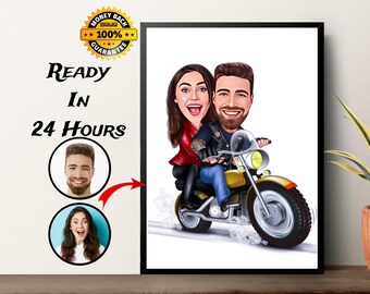 Custom Motorcyclist Couple Caricature Portrait: Biker Gift (Digital File)