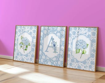 Set gepersonaliseerde lichtblauwe hortensia-prints, vintage Grandmillennial botanische chinoiserie muurdecoratie, kustthema kleindochter