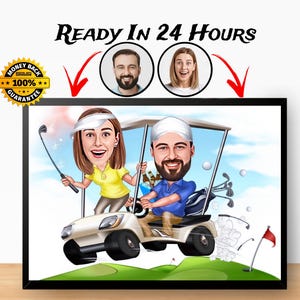 Golferpaar Cartoon Portrait, Personalisierte Golferpaar Karikatur, Geschenk für Golferpaar, Lustige Golferpaar Karikatur