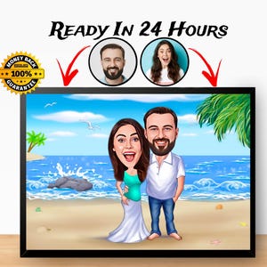 Paar Strand Thema Cartoon Portrait, Urlaubsportrait, Paar Geschenk, Urlaubskarikatur, Familienportrait, Reisecartoon