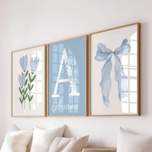 Custom Trendy Light Blue Bow Watercolor Wall Art Set of 3 Girl Room Wall Decor Teen Bedroom Wall Art Kids Bedroom Printable Art Initial Name