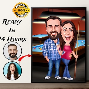 Personalisiertes Paar Poolspieler Cartoon Portrait, Billardpaar Karikatur Zeichnung, Familienportrait, Jubiläumsgeschenk