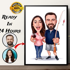 Personalisiertes Angelpaar Cartoon Portrait, Geschenk für Fischer, Fischer Karikatur Zeichnung, Fischer Cartoon, Jubiläumsgeschenk