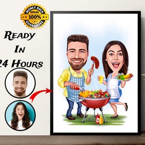 Personalisiertes Grillpaar Cartoon Portrait, Grillpaar Portrait, Paar Geschenk, Karikatur Zeichnung, Familienportrait
