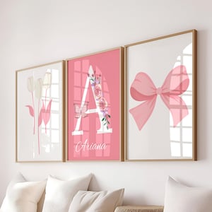 Custom Trendy Pink Bow Wildflower Watercolor Artful Prints Set of 3 Girl Room Wall Decor Teen Gift Bedroom Wall Art Kid Nursery Initial Name