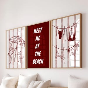 Trendy Custom Red Bikini Clothesline Prints Girly Preppy Aesthetic Apartment Decor Coastal Beachy Dorm Room Posters Beach House Wall Art