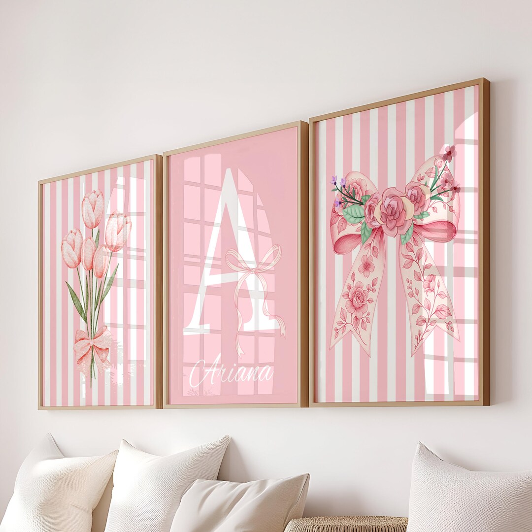 Custom Pink Bow Floral Initial Wildflowers Nursery Wall Art Print ...