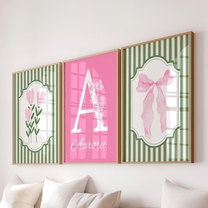 Sage Green & Pink Bow Floral Wall Art Modern Southern Botanical Print Grandmillennial Teen Room Dorm Decor Elegant Preppy Chinoiserie Decor