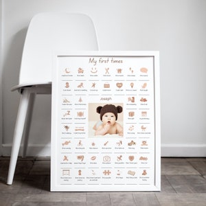 Cartel personalizado de mis primeras veces bebé, cartel de fechas de bebé, cartel de nacimiento de bebé, fechas importantes del bebé, decoración de la pared de la habitación del bebé, beige