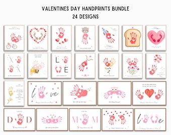May include: A set of 24 printable Valentine's Day handprint designs. The designs feature a variety of themes, including hearts, flowers, animals, and the words "Love" and "I love you".