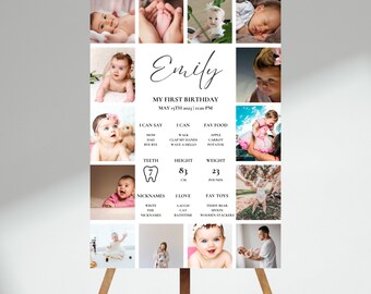 May include: A collage of photos celebrating a baby's first birthday. The collage includes photos of the baby at different ages, along with details about the baby's development, such as height, weight, and favorite foods. The baby's name is Emily and the date of the birthday is May 15th, 2023.